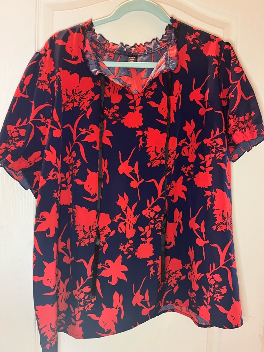 SHEIN Navy Blouse with Bright Red Floral Print